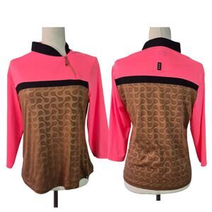 Jamie Sadock Brown Pink Black Offset Zip Mock Neck Activewear Top Shirt Small
